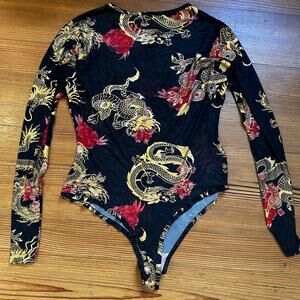 Sheer black gold red Asian long sleeve bodysuit SIZE L